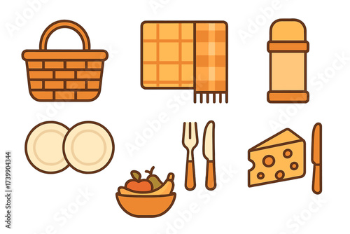 Flat design icon set featuring essential equipment and food items for an outdoor picnic