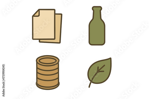 Set of environmental conservation symbols showing paper bottle can and natural leaf