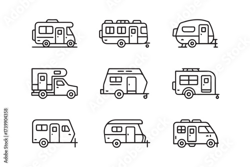 black and white rv and camper vector pack travel trailer motorhome campervan icons set