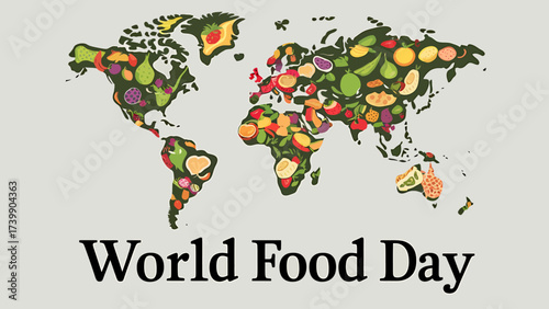 Vector art of world food day concept represented by a world map filled with diverse fruits and vegetables