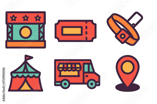 Colorful festival event icons including ticket stage tent and food truck