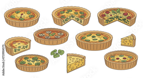 A collection of handdrawn quiche illustrations whole and sliced.