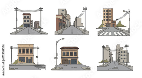 Set of six handdrawn illustrations of deserted city streets.