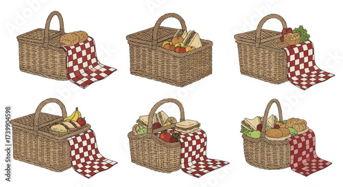 Set of six handdrawn wicker picnic baskets with food.