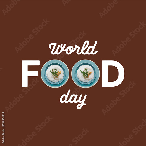 Vector art of world food day theme highlighted with two plates of rice, emphasizing the importance of staple foods and global food security for all