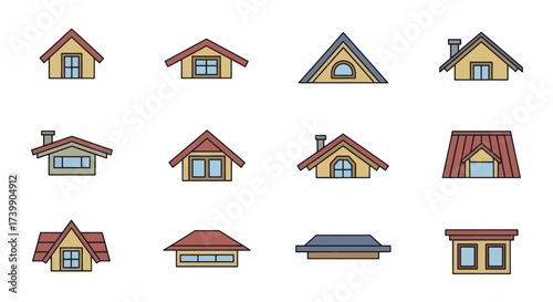 Set of colorful house roof and dormer window icons.
