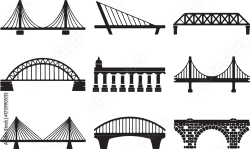 black and white bridge silhouettes nine vector icons cable stayed suspension truss arch stone eps ai png jpeg