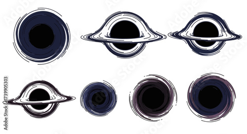 Collection of hand drawn vector illustrations of black holes and wormholes.