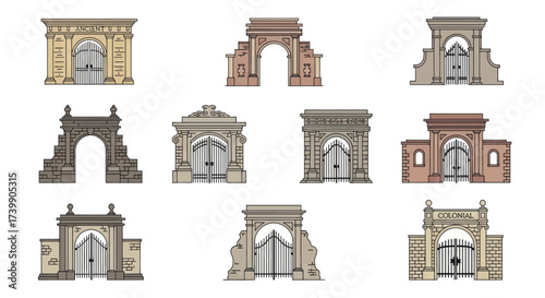 Collection of Historical Architectural Gates and Archways.