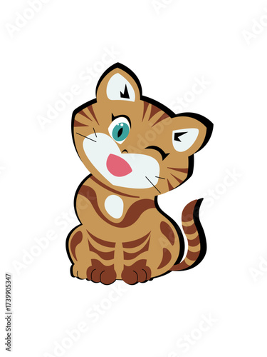 A cute Bengal kitten is sitting and winking. Vector Illustration in the flat style on a white background.