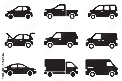 vehicle icon collection ai eps png jpeg: fleet transport silhouettes for infographic and signage
