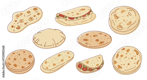 Cartoon vector set of different flatbreads isolated on white background.