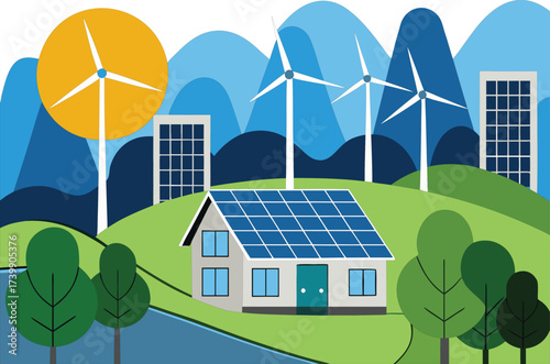 Eco friendly house with solar panels and wind turbines in a green landscape