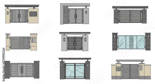 Set of modern house main gate design vector illustrations.