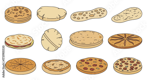 Collection of various hand drawn bread and flatbread illustrations.