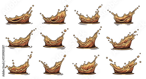 Dynamic coffee splash and drop vector illustration set.