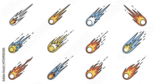Set of colorful cartoon meteor and comet icons.