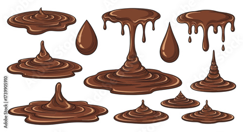 Set of melted chocolate drips drops and puddles illustration.