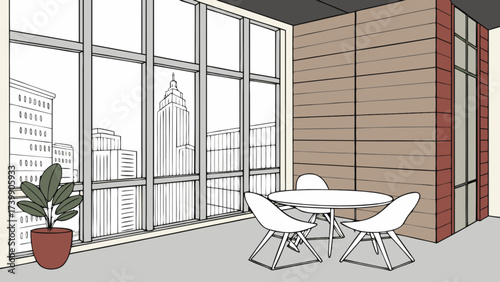 Interior view of a modern office space with a city view and a round table setting for meetings