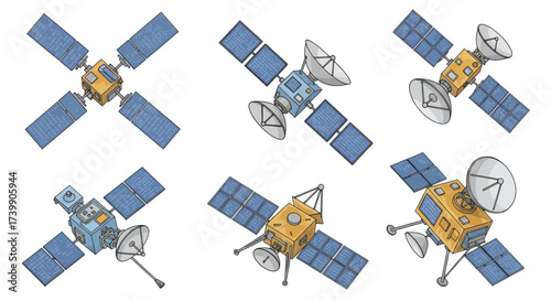 Collection of six different cartoon space satellites isolated on white background.