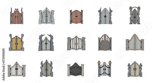 Set of various stylized cartoon gates isolated on a white background.