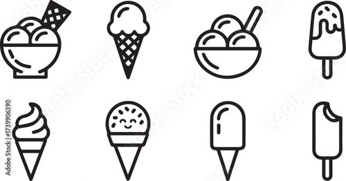 black and white ice cream vector collection line art cones popsicles bowls wafer spoon set for stickers and logos