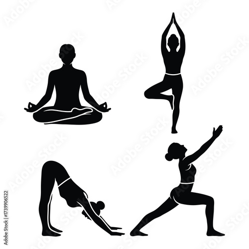 Silhouette yoga poses collection dynamic figures practicing mindfulness meditation and healthy lifestyle silhouette