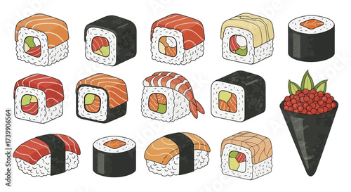 Colorful collection of various Japanese sushi and rolls.