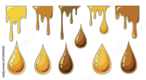 Collection of Dripping Honey and Sweet Syrup Drops.
