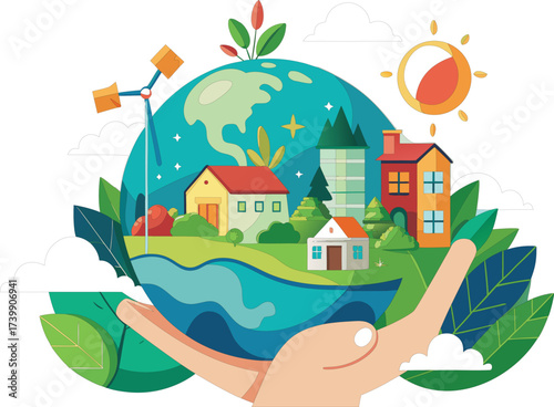Hands cradling the earth with a vibrant city and nature
