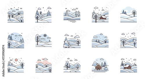 Collection of Winter Landscape Line Art Icons.