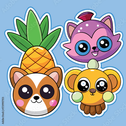 Adorable kawaii animal and fruit stickers pineapple cat monkey dog cute cartoon art