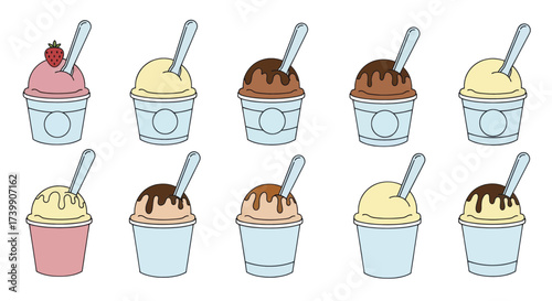 Set of colorful cartoon ice cream cups with spoons Various flavors like chocolate vanilla and strawberry isolated on a white background.