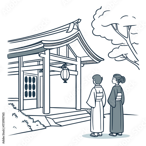 Two women in kimonos are visiting a shinto shrine isolated on white background traditional japanese culture and architecture