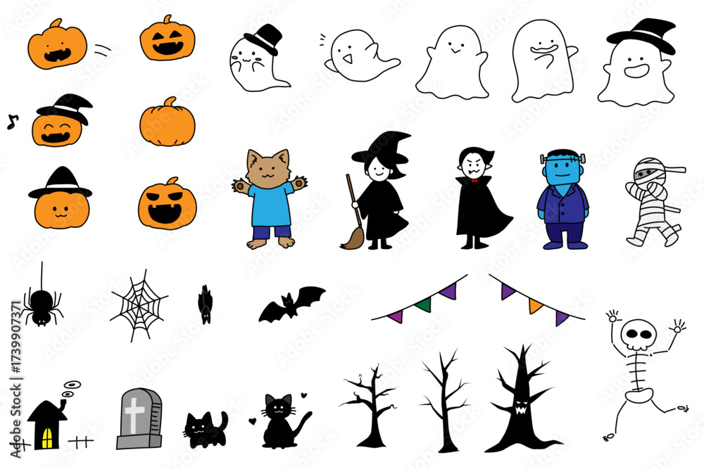 Fototapeta premium かぼちゃ、おばけ、魔女など様々なハロウィンアイテムのシンプルで手書き風なイラスト集