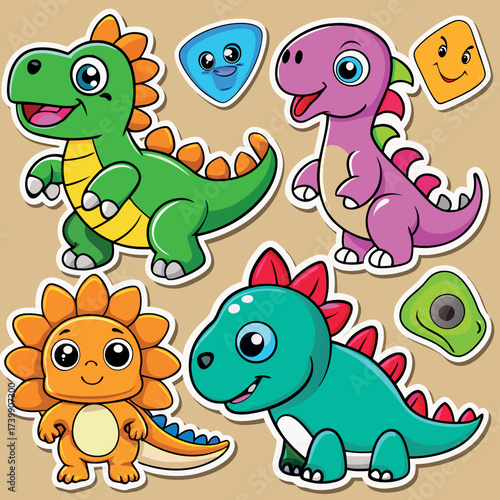 Adorable cartoon dinosaurs and playful shapes for kids fun educational design elements