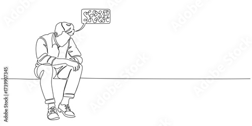 Line art of a man sitting with head down and tangled lines above head symbolizing stress and overthinking