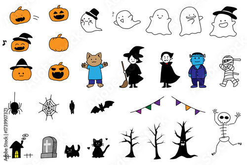 かぼちゃ、おばけ、魔女など様々なハロウィンアイテムのシンプルで手書き風なイラスト集