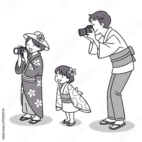 A family in yukata taking pictures isolated on white background a father, mother, and child are enjoying photography together