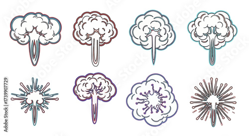 Set of stylized cartoon explosion and smoke cloud illustrations.
