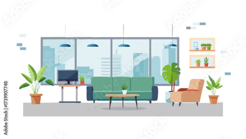 A spacious living room with a green sofa, armchair, plants, computer, and large windows overlooking a city