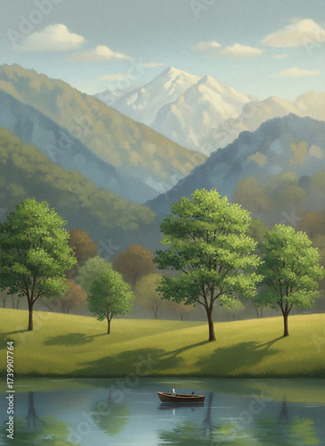 Landscape with lake and mountains. Minimalist backdrop. Nature, success, travel, holiday concept
