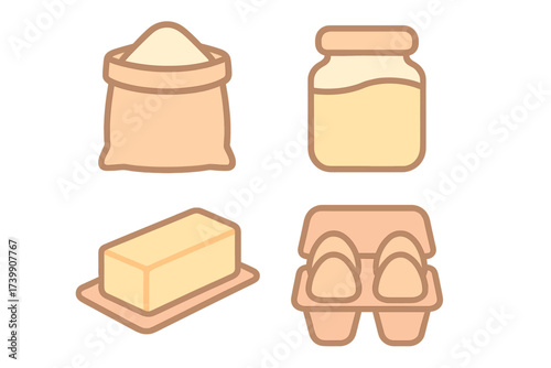 Essential baking ingredients: flour, butter, eggs, and dairy products