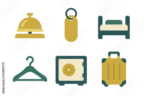 Essential hotel amenities and accommodation service symbols including bell, bed, safe, and luggage