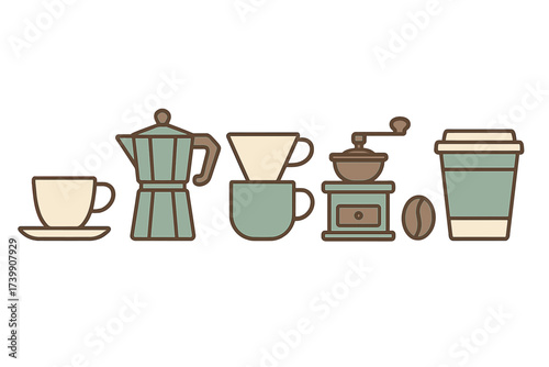Various coffee making tools and accessories including grinder moka pot and disposable cup