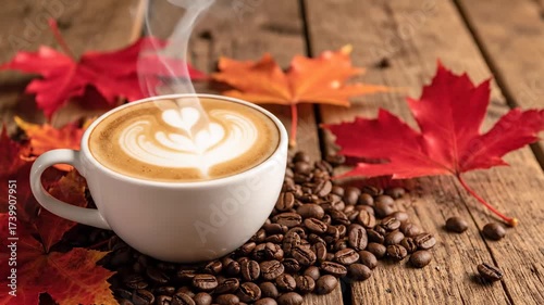 Steaming Coffee Latte Art with Autumn Leaves - A close-up video showcases a steaming cup of coffee with beautiful latte art.