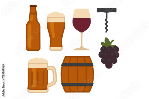 Assortment of brewing and winemaking icons with beer bottle, wine glass, wooden barrel, and corkscrew