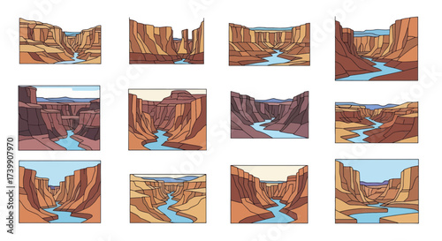 Set of stylized canyon landscape illustrations with a river.