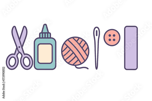 Essential crafting and sewing supplies including scissors, glue, yarn, needle, and button