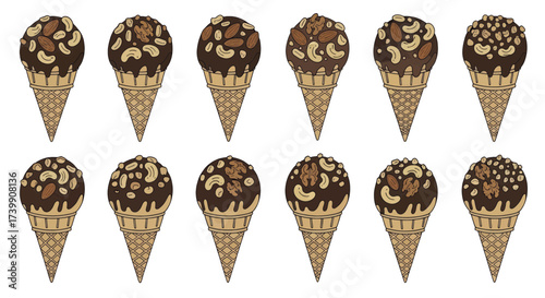 Set of cartoon ice cream cones with chocolate and nuts.